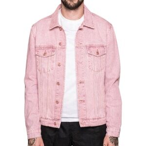 SOULLAND NEW Men's Shelton Denim Trucker Jacket in Pink Denim Size Medium